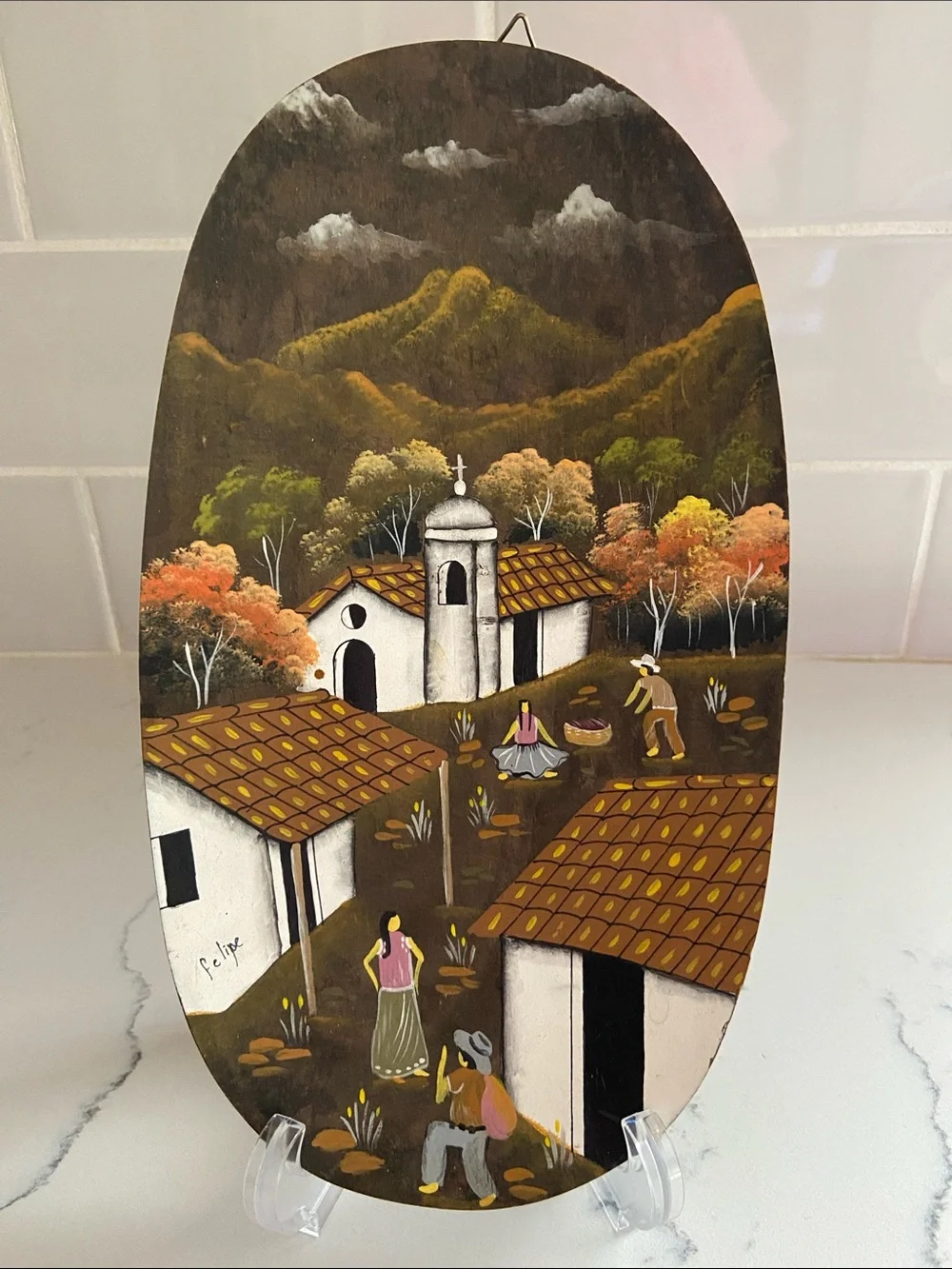 Vintage Felipe Hand Painted Folk Art Village Wood Wall Plaque 11